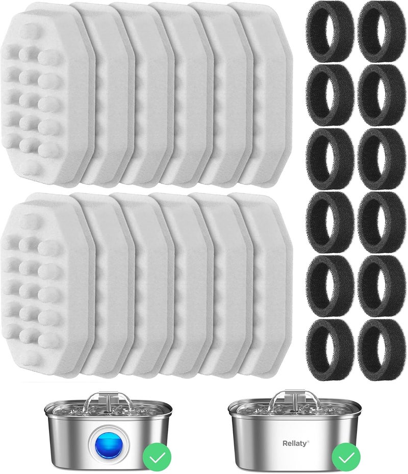 Rellaty Official Cat Fountain Filters Replacement： Pre-Filter Sponges for 3.2L/108oz Automatic Pet Water Fountain - Includes 12 Sponge Filters & 12 Carbon Filters - Image 1
